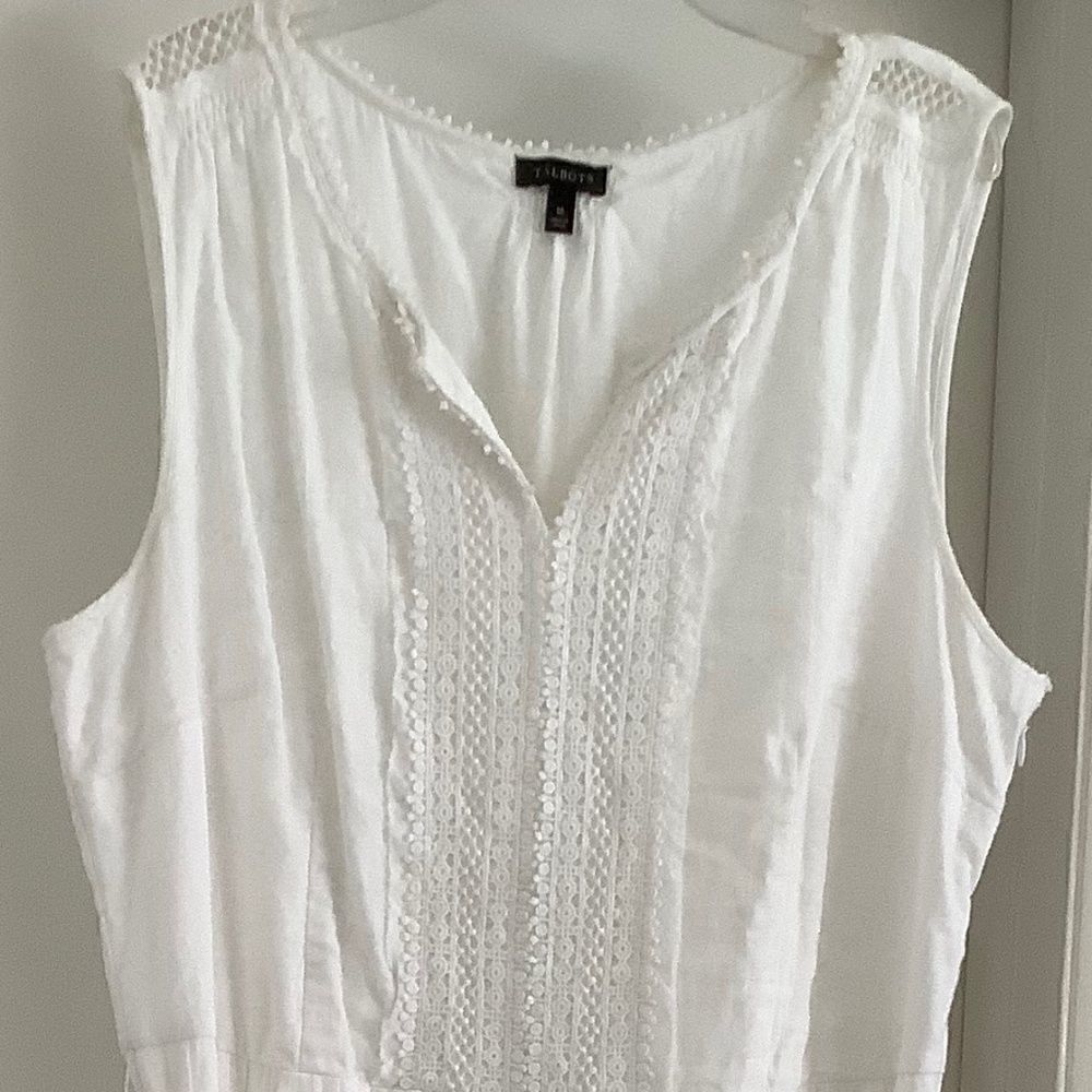 TALBOTS WHITE FULLY LINED COTTON 100% EYELET MIDI SLEEVELESS DRESS SIZE …